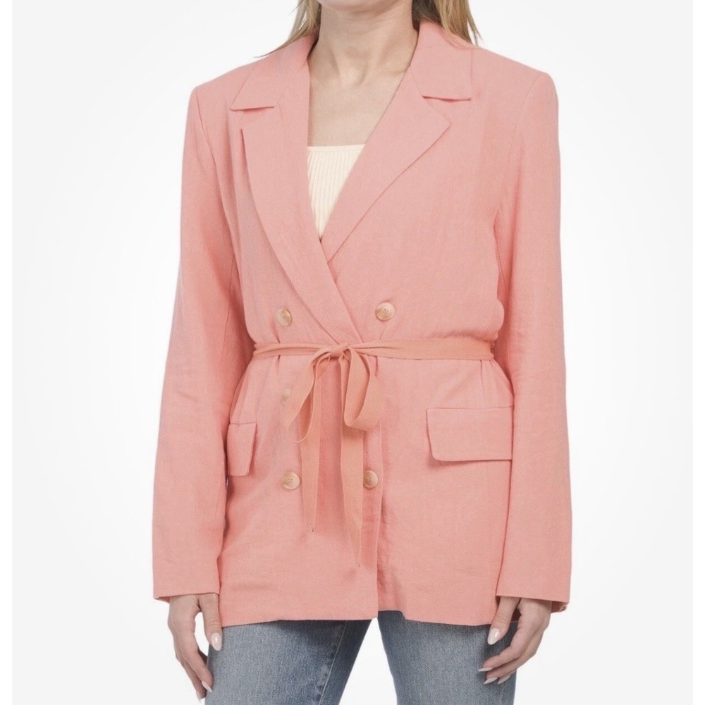 Free People Olivia Blazer‎ Jacket Linen Blend Pink M Lined Preppy Career Coastal